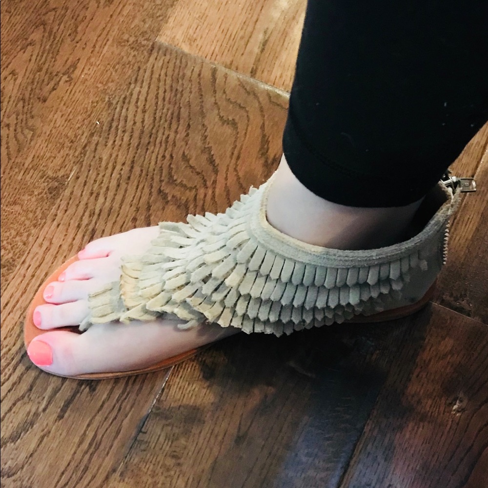 Warehouse Suede Fringe Back Zip Thong Sandal